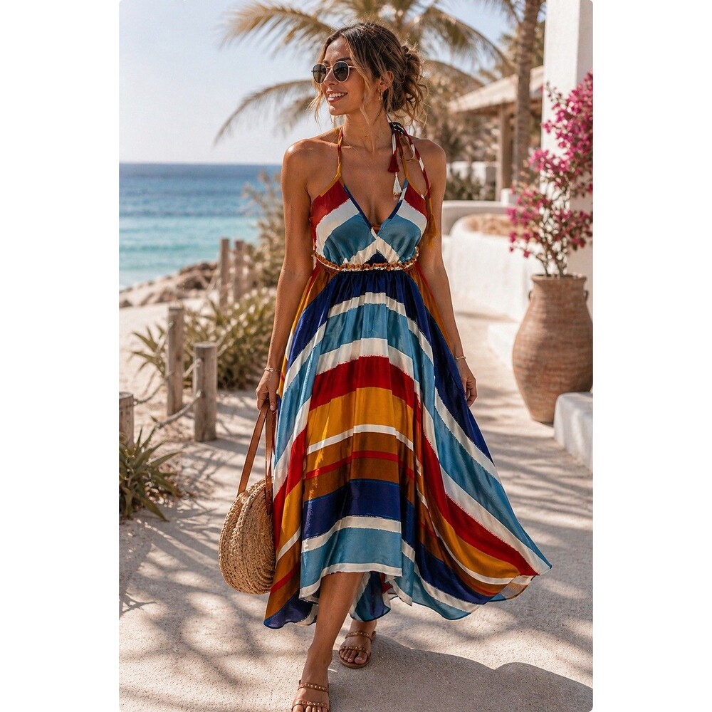 Aakaa Striped Halter Handkerchief Hem Midi Dress Size M NWT Boho Sundress